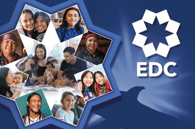 A collage of diverse, smiling individuals and families forms a star shape against a blue background. The EDC logo and a silhouette of an eagle are visible.