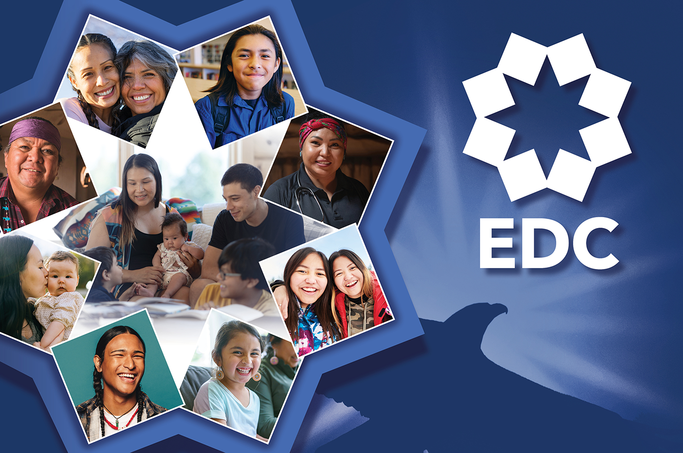A collage of diverse, smiling individuals and families forms a star shape against a blue background. The EDC logo and a silhouette of an eagle are visible.