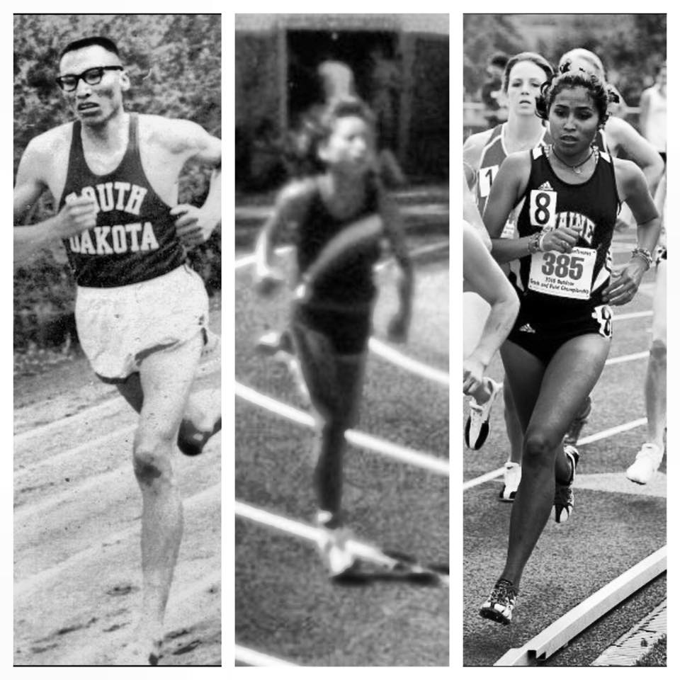 A collage of three black and white images of runners. The left image shows a male runner from South Dakota, the center image displays a female runner in action, and the right image features another female runner competing in a race track.